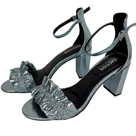 Kenneth Cole Reaction Rise Ruffle Blue Metallic Heel Sandals 8.5 M Evening Event - Picture 1 of 10